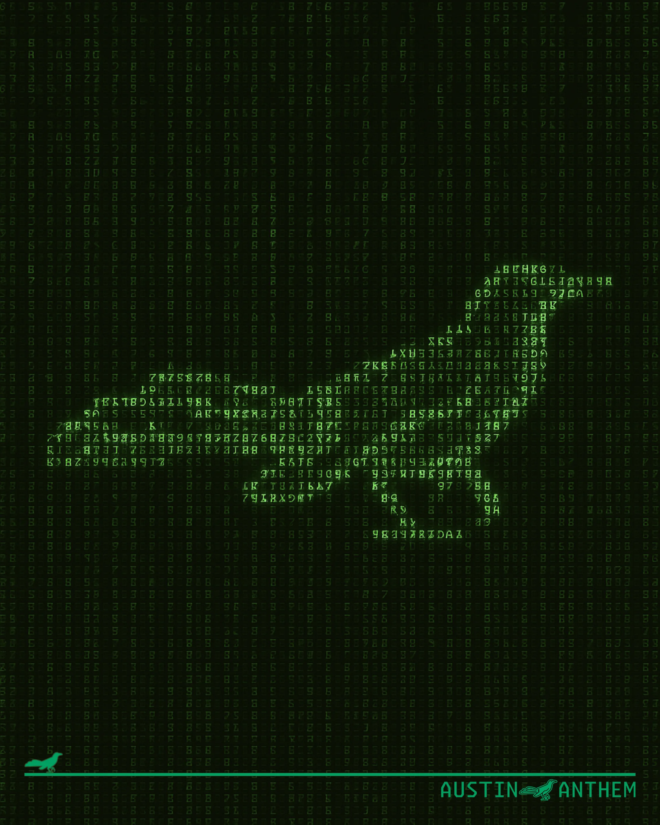 The digital code rain of the Matrix with a grackle made of Matrix code in the middle.